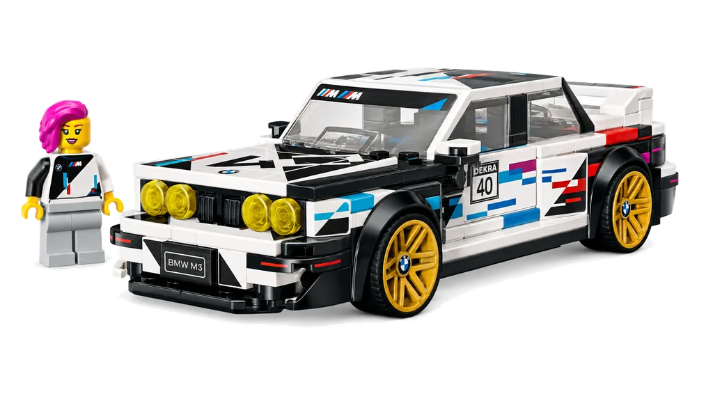 White LEGO BMW M3 E30 style race car with a driver minifigure